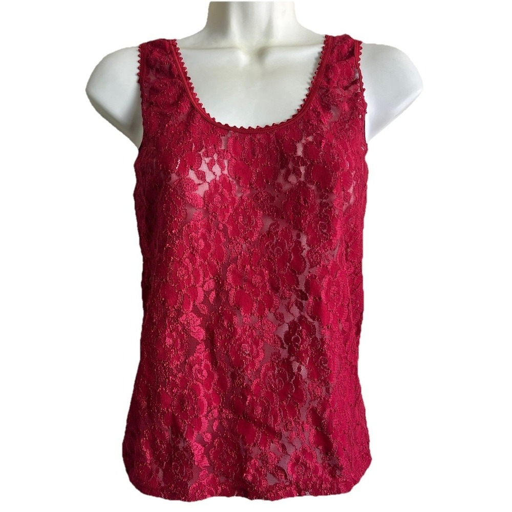 Lace Top Medium Sleeveless Shirt Red Floral Women Clothing - Picture 2 of 5